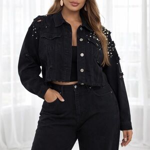 Edgy Black Denim Jacket with Stud Accents